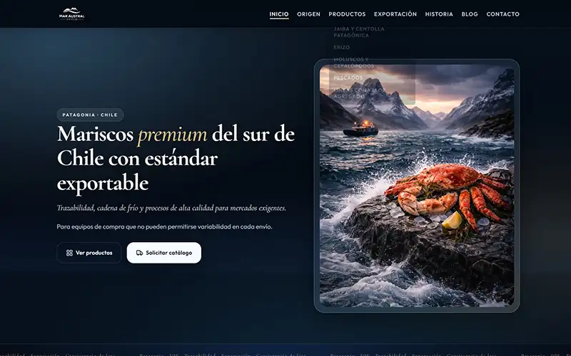 Sitio web Mar Austral Origin — exportadora de mariscos premium